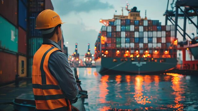 A shipyard worker looking at a docked container ship