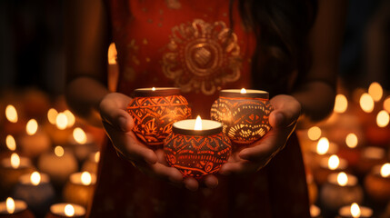 Diwali Clay Lamp in woman hand, Happy Diwali celebration.
