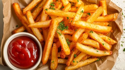 Tasty french fries and ketchup, delicious food.