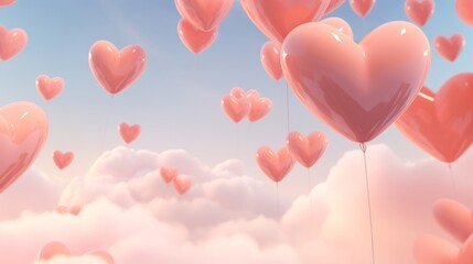 Beautiful heart shaped balloons in the peach fuzz color sky as a background. Romantic atmosphere.
