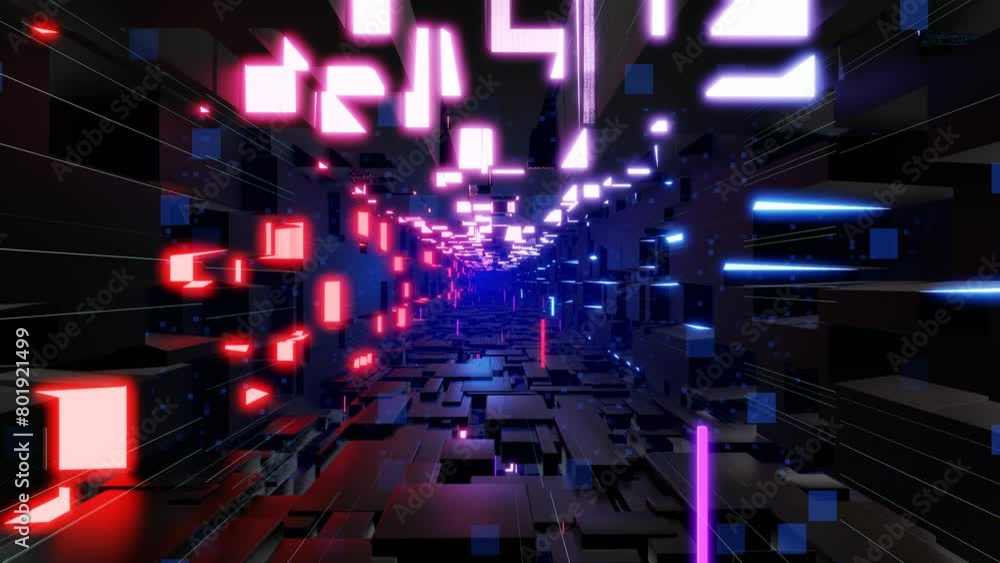 Poster tunnel with neon light. sci-fi bg fly through tech digital space. concept of hi-tech information flo