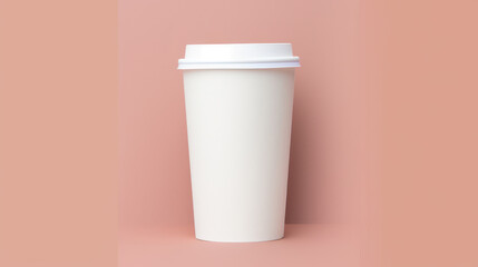 White paper cup of coffee on a pink background. Space for text or design.