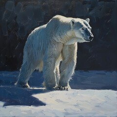 Simple yet profound oil painting of a polar bear, highlighted by dramatic shadows that add depth and emotion, ideal for an environmental art showcase