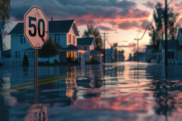 A speed limit sign partially submerged in floodwaters, with a residential area in the United States flooded.

