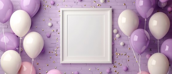 Hyperrealistic portrayal of a white frame with a small square poster mockup, surrounded by lavender and white birthday balloons with gold detailing,
