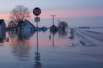 A speed limit sign partially submerged in floodwaters, with a residential area in the United States flooded.

