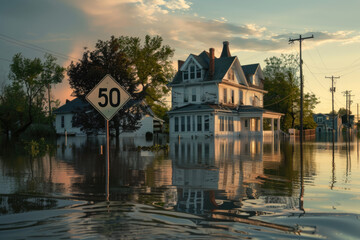 Naklejka premium A speed limit sign partially submerged in floodwaters, with a residential area in the United States flooded.