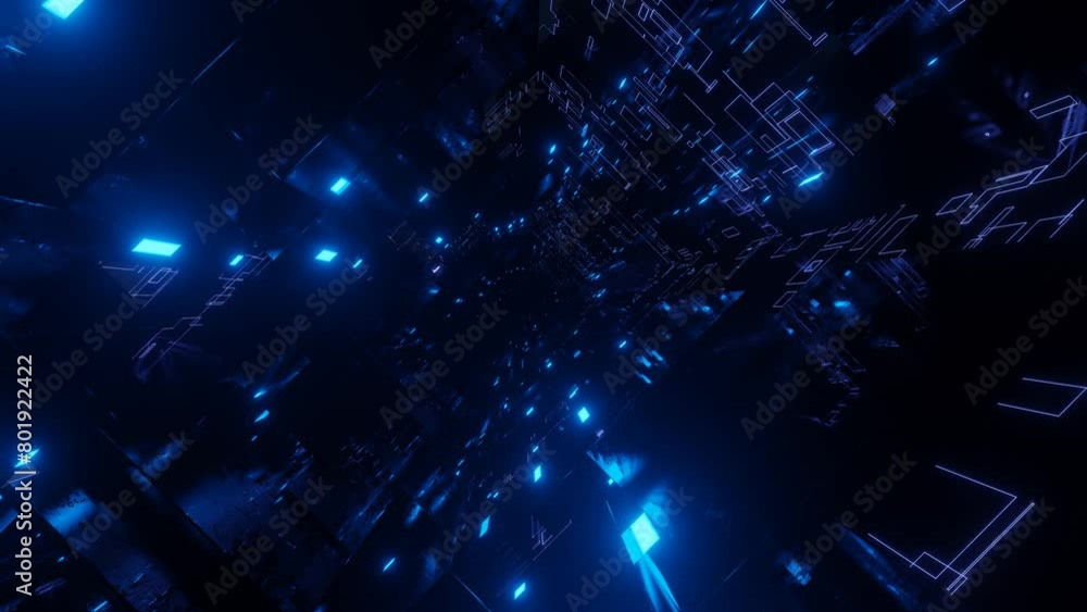 Poster glow line form pattern like sci-fi hologram. fly through technology cyberspace with blue neon glow. 