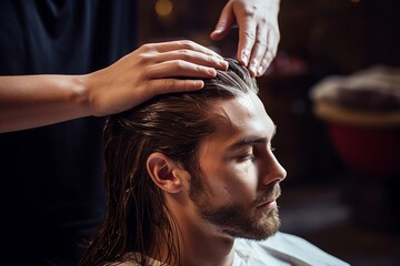 Fototapeta premium Photo Someone applying a hair mask to man's hair strands, showcasing hair treatment rituals