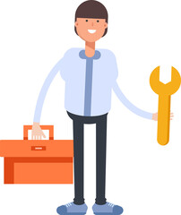 Businessman Character Holding Toolbox and Wrench
