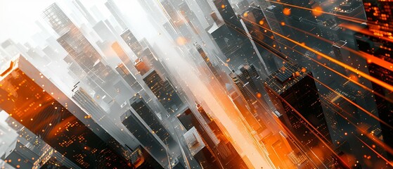 Highresolution rendering of an abstract cityscape with glass skyscrapers and subtle light streaks, designed in monochrome with splashes of orange for modern interiors,