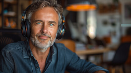 A man wearing headphones and smiling. He is wearing a black shirt and a gray beard. He is sitting at a table with a laptop. a middle aged person whit headphones over head and wearing in black shirt