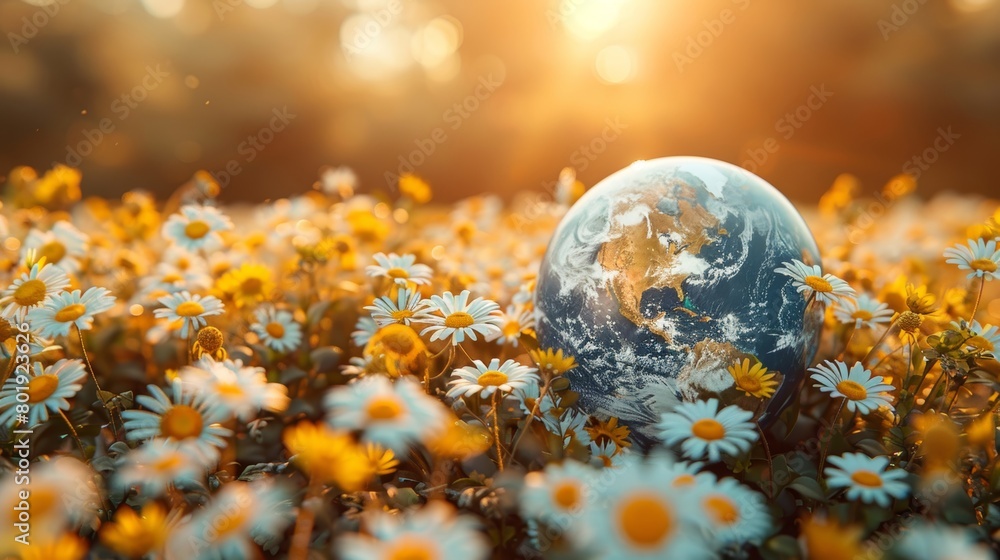 Poster sunny globe in a field of daisies generative ai