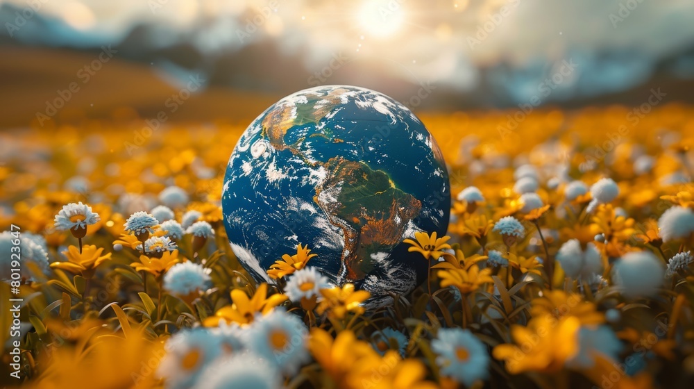 Poster sunny globe in a field of daisies generative ai