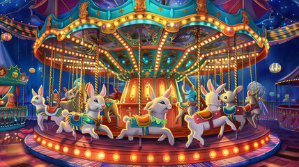 A magical carousel with rabbit figures under vibrant nocturnal lighting