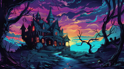 Spooky haunted house in a vivid, colorful cartoon style