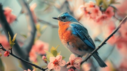 Vibrant blue and orange bird perched on cherry blossom branch with soft pink flowers and green leaves, banner