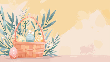Basket with Easter eggs and willow branches on color