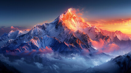 Sunset illuminating snow-capped mountain peaks with dramatic clouds