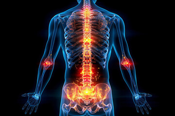 Medical illustration of back pain highlighted in a human body