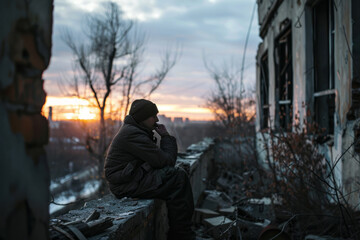 Fototapeta premium Man contemplating amidst war ruins during sunset