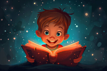 Fototapeta premium Enchanted little boy reading a magical book with glowing stars