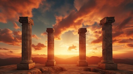 beautiful three ancient pillars with sunset sky background.