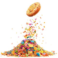 Whimsical illustration of cake crumbs with a flying cookie, isolated on white.