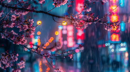 Neon-lit rainy cityscape with cherry blossoms at night