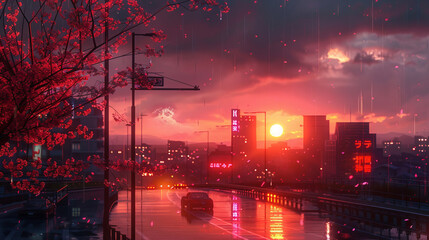 Rain-soaked cityscape at sunset with neon lights and cherry blossoms