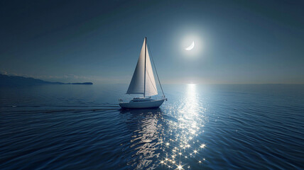 A solitary sailboat drifting on calm waters, the moon casting a shimmering path of light
