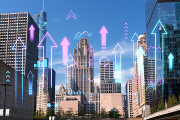 Chicago skyline with futuristic hologram graphics overlay. Photography with digital illustration,...