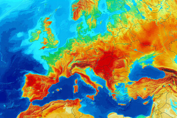 Satellite map illustrates the summer heat on the European continent World map with weather forecast illustration showing different climatic conditions