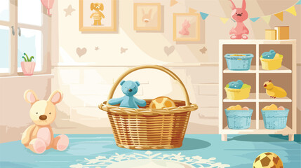 Basket with knitted toys in childrens room Vector illustration