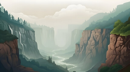 Foggy Fascination, Canyon Edge Enshrouded in Mist, Nature Secrets Concealed, Realistic Canyon Landscape. Vector Background