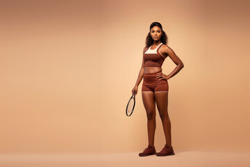 Fototapeta premium A beautiful ebony tennis player in a sporty slim top and shorts stands on a beige background with copy space. 