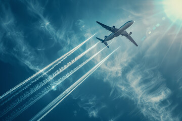 Jet airplane with striking contrails in a vivid blue sky - Powered by Adobe