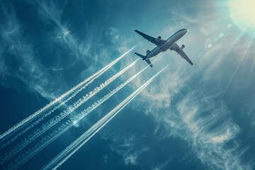 Naklejka premium Jet airplane with striking contrails in a vivid blue sky