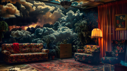 Surreal living room with dramatic storm clouds indoors