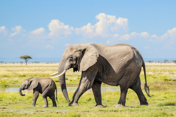 African elephants walking across grassy savannah. Mother and calf elephant in natural habitat with...
