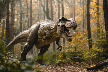 Tyrannosaurus walking in prehistoric forest. Angry dinosaur in natural habitat