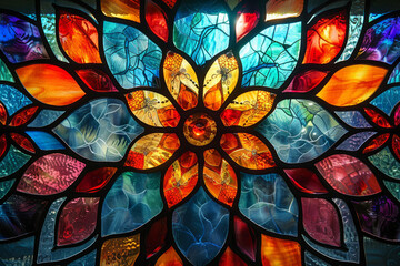 Mandala pattern formed by pieces of stained glass showcases a kaleidoscope of colors. Colorful window pattern