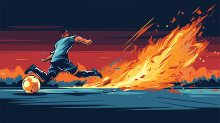 Soccer player kicks the ball hard towards the goal 