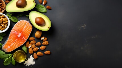 Concept of the ketogenic diet: salmon, avocado, eggs, almonds, and seeds; background is bright green; top view