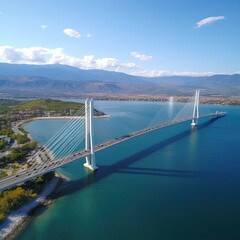 Aerial drone photo of world famous cable suspension bridge of Rio - Antirio Harilaos Trikoupis, crossing Corinthian Gulf, mainland Greece to Peloponnese, Patras. AI generated