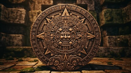 Close view of the ancient Aztec mayan calendar with round pattern and relief on stone surface.