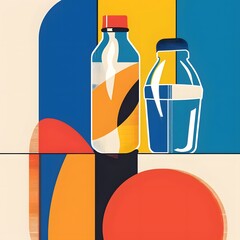 A stylized illustration of a plastic bottle and cup in a minimalist style.