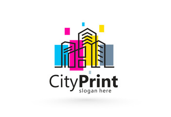 Logo City Print. СMYK Printing theme. Silhouette Buildings lines and squares style. Template design vector. White background.