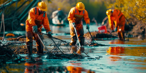 oil spill being cleaned up by a team of workers using booms and skimmers.