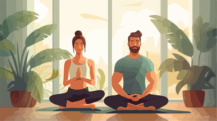 Sporty man and woman practicing yoga indoors Vector illustration